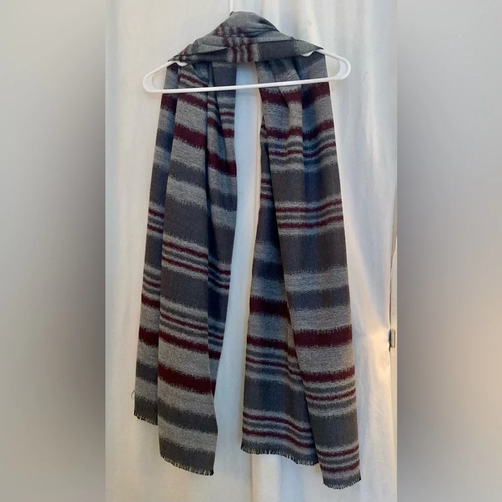 Striped Soft Lightweight Wool Scarf - Gray/Burgundy/Tan 74” x 26”